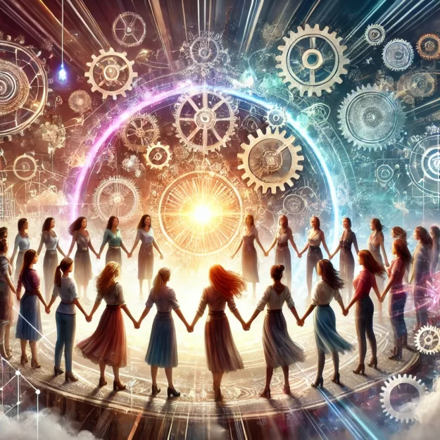 DALL·E 2025 01 16 12.03.07 A powerful symbolic image representing the concept of Eva calls Eva women inspiring each other and driving systemic innovation. The scene shows a