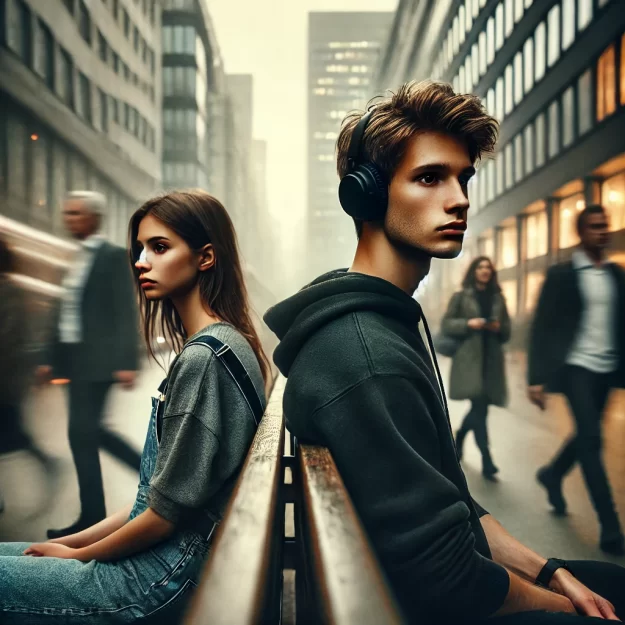 DALL·E 2025 03 22 10.01.57 A powerful and emotional photo showing a young man and a young woman from Generation Z sitting apart on the same bench in an urban environment surrou DALL·E 2025 03 22 10.01.57 A powerful and emotional photo showing a young man and a young woman from Generation Z sitting apart on the same bench in an urban environment surrou